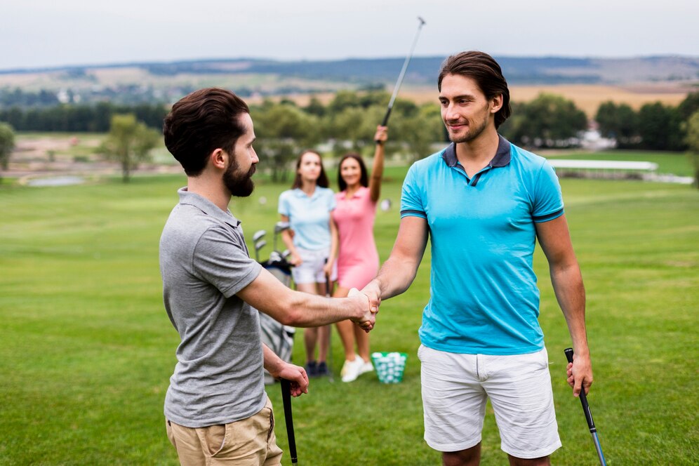 golf friends shaking hands golf field 23 2148295292